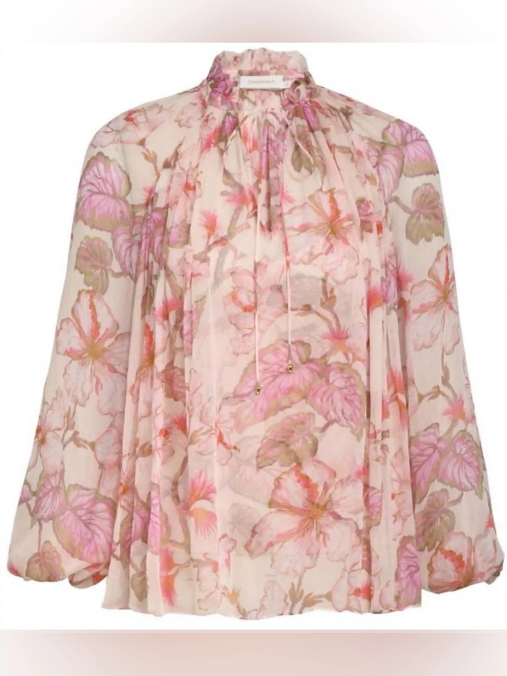 Zimmermann Matchmaker Billow Blouse, Pink Floral Tie Neck, Size 1